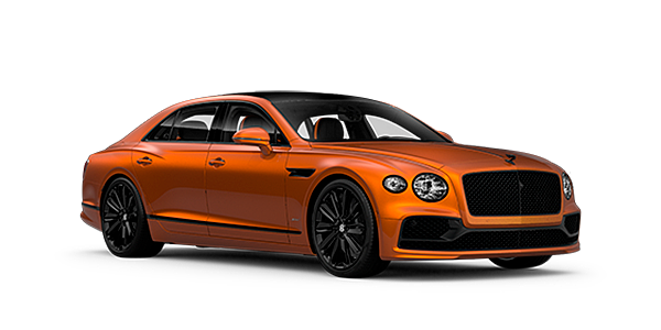 Modix Bentley Flying Spur Speed front side angled view in Orange Flame coloured exterior. 